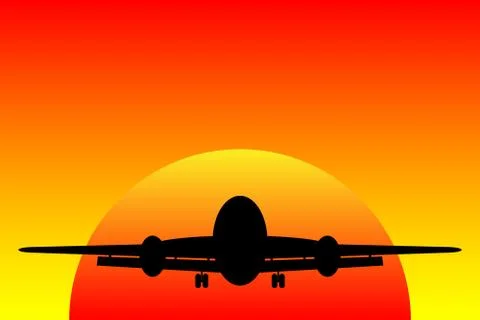 Airplane landing in a sunset Stock Illustration