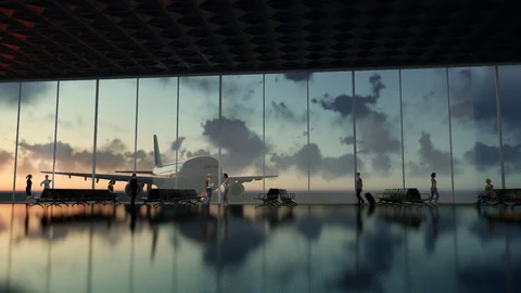 Airplane at a large glass windows. Stockbeeldmateriaal 128954779