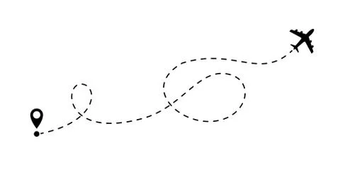 Airplane line flight vector icon. Plane flight route with destination point p Illustrazione stock