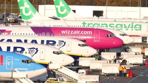 Airplane line up at parking stand Stock Footage 84426401