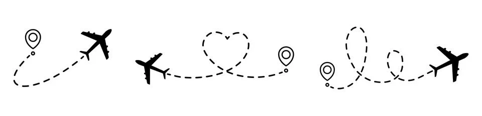 Airplane line path icon set. Stock Illustration