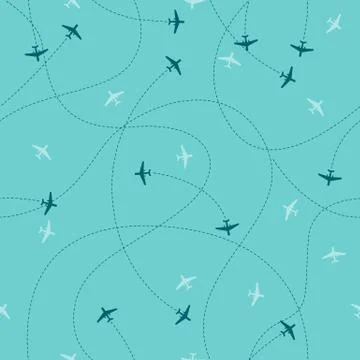 Airplane line path - seamless pattern on sky blue background. Stock Illustration