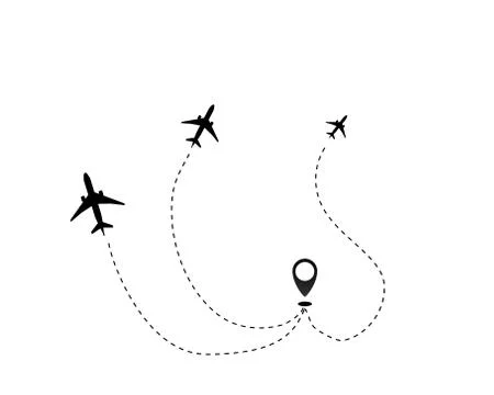 Airplane line path vector icon of air plane flight route dash line trace with Stock Illustration