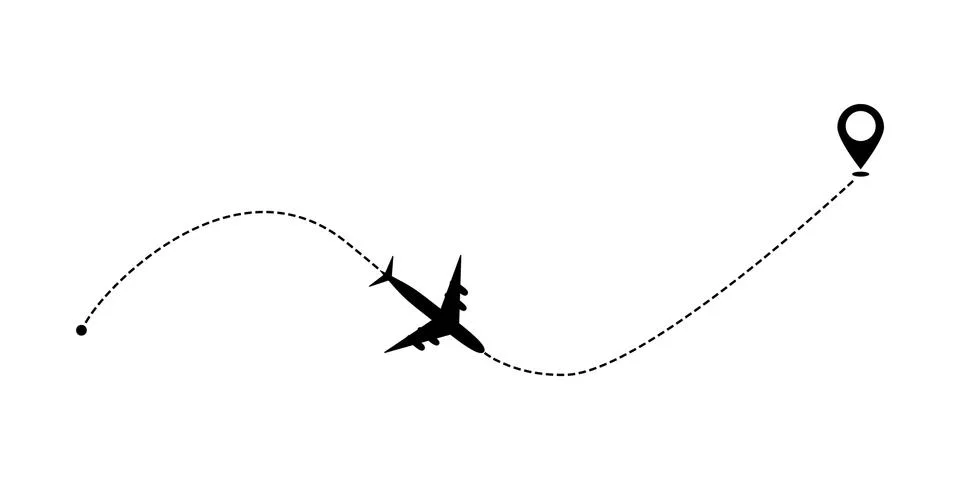 Airplane line path vector icon of air. Plane flight route with start point an Stock-Illustration