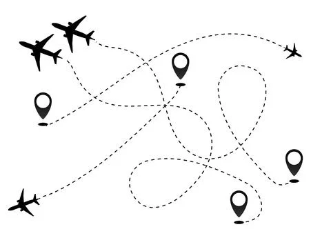 Airplane line path vector icon of air plane flight route dash line trace with Stock Illustration