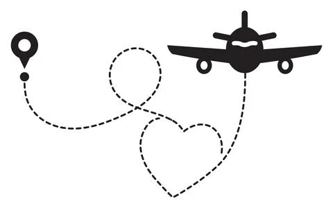 Airplane line path vector icon of air route line with start point location .. Stock Illustration