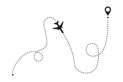 Airplane line route path. Plane track with departure arrival point, aircraft Stock Illustration