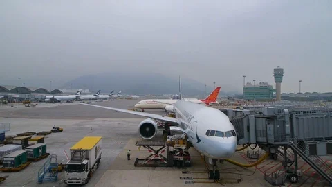 Airplane loading cargo in Hong Kong international airport Stock Footage 99565277