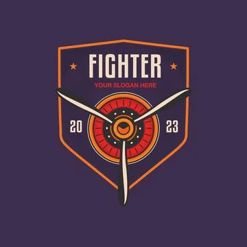 Airplane logo template with propeller. Plane fighter badge graphics for tshirt イラスト素材