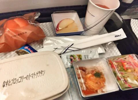 Airplane meal on a tray includes bread in a plastic bag, salad, fruit slices, Stock Photos