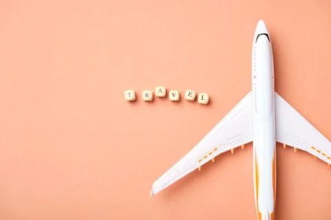 Airplane model and clouds. Text Travel. Fly by plane Stock Illustration