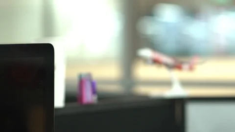Airplane Model In A Desk Next To A Window - Focus Pull - Pan Left To Right II Video stock 92656855