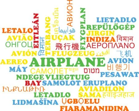 Airplane multilanguage wordcloud background concept Stock Illustration
