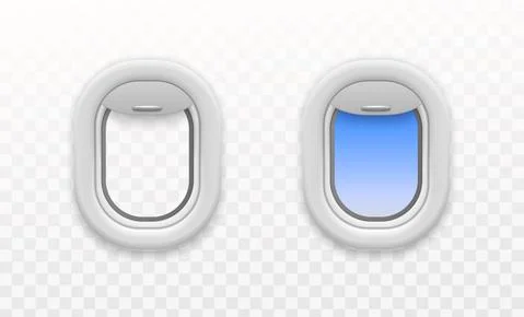 Airplane open window. Plastic and glass plane windows, empty or blue sky view Stock Illustration