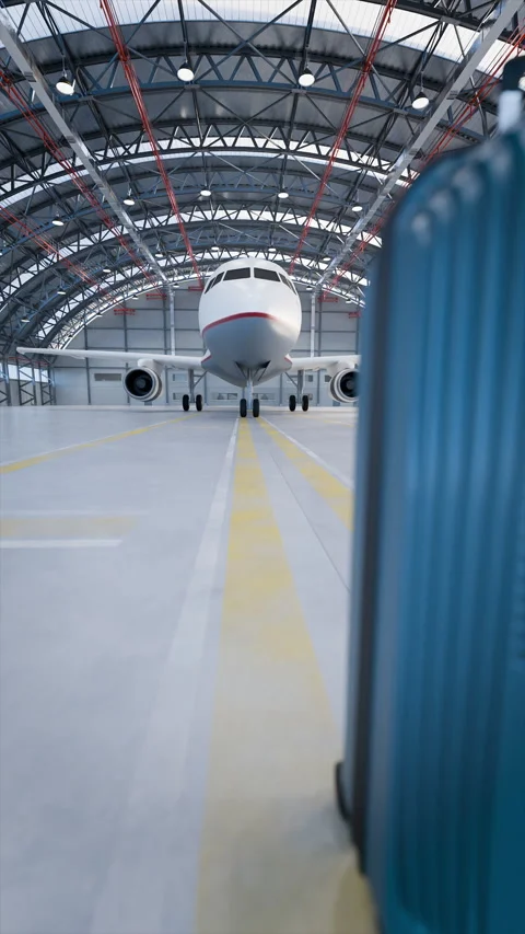 Airplane parked inside a modern hangar with a suitcase in the foreground Stock Footage 324796480