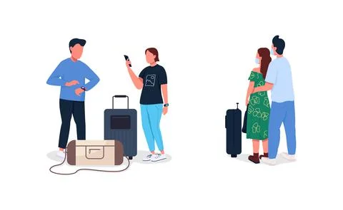 Airplane passengers flat color vector faceless character set Illustrazione stock