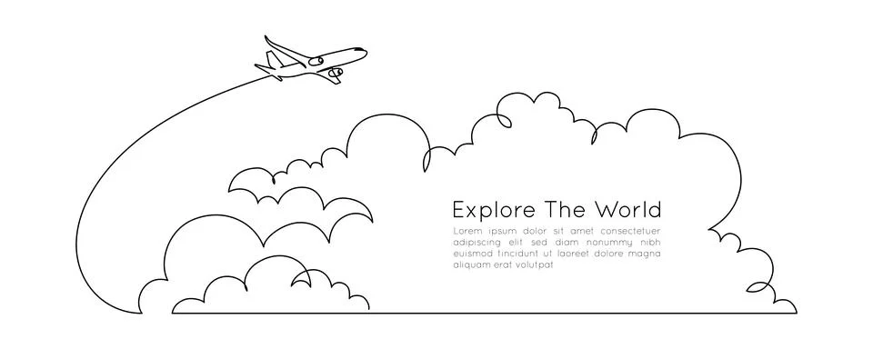 Airplane path in clouds in the sky in One Continuous line drawing. Business Stock Illustration