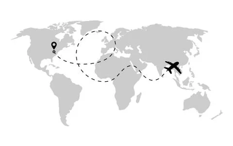 Airplane path in dashed line shape on world map. Route of plane with world ma Stock Illustration