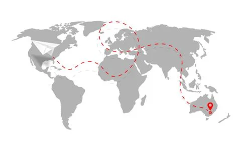 Airplane path in dashed line shape on world map. Route of paper plane with wo Stock Illustration