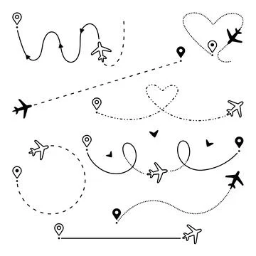 Airplane path set, vector plane routes Stock Illustration