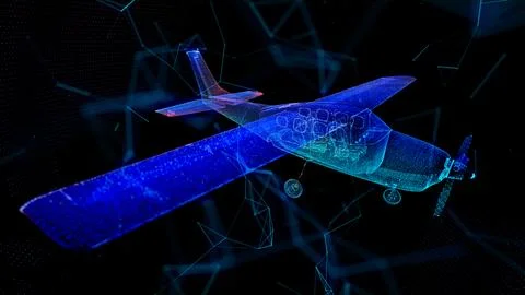 Airplane with piston engine and propeller. Light effect particles background Stock Illustration