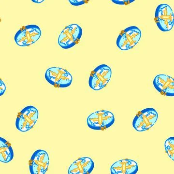 Airplane planet map location isometric icon seamless pattern 스톡 일러스트