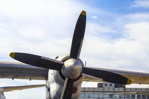 Airplane propeller against the blue sky Stock Photos