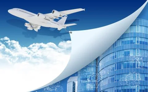 Airplane pulls the rope edge of paper Stock Illustration