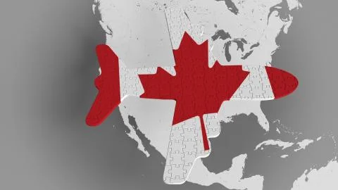 Airplane puzzle featuring flag of Canada against the world map. Canadian tourism Stock Illustration