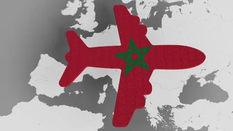 Airplane puzzle featuring flag of Morocco against the world map. Moroccan Stock Illustration