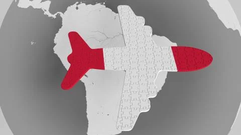 Airplane puzzle featuring flag of Peru against the world map. Peruvian tourism Illustrazione stock