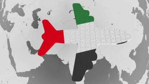 Airplane puzzle featuring flag of the United Arab Emirates against the world map Stock Illustration