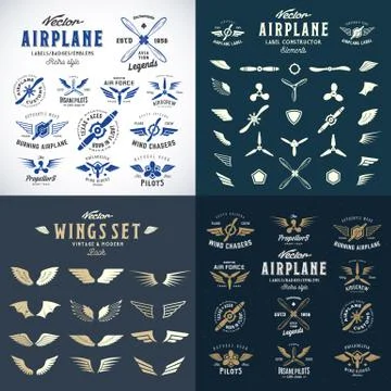 Airplane Retro Labels Construction Bundle. Plane Propellers Logos Set with Wings Stockillustratie
