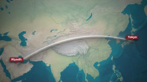 Airplane Route Riyadh to Tokyo Animation on Topographic Map Background Stock Footage 339601048