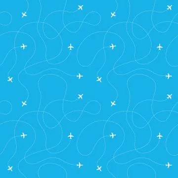 Airplane route seamless pattern. Plane flight line path travel destination Illustrazione stock