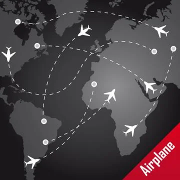 Airplane with routes over map over black background. vector Ilustração Stock
