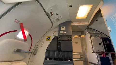 Airplane salon inside, flying plane cabin interior, aerospace Stock Footage 237889531