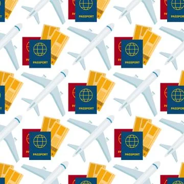Airplane seamless pattern background aircraft transportation travel passport way Stock Illustration
