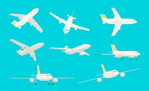 Airplane set, different angles of sight on a blue background, low poly aircraft. Stock Illustration