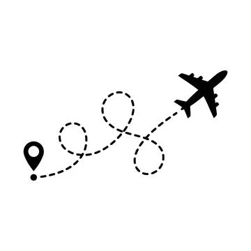 An airplane silhouette leaves a dotted dash line path representing its flig.. Illustrazione stock