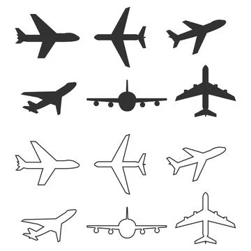 Airplane silhouettes and outline vector icons collection for aviation travel Stock Illustration
