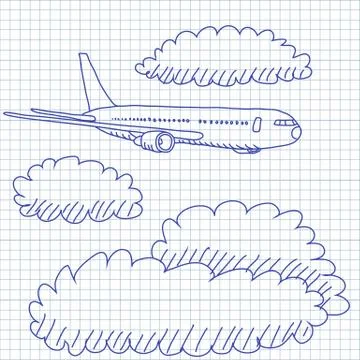 Airplane Sky Clouds Drawing Stock Illustration