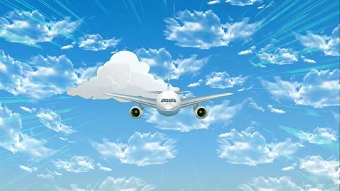 Airplane soaring through a vibrant blue sky with fluffy clouds Stockbeeldmateriaal 335460885