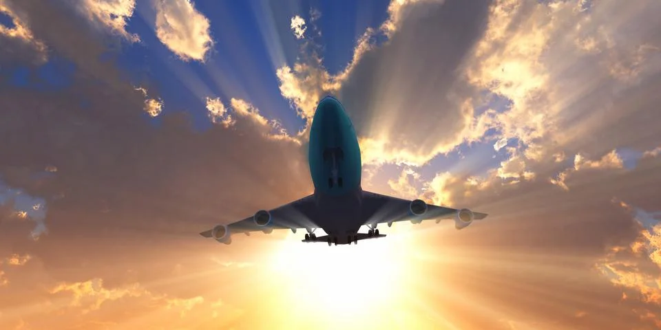 Airplane in sunset sky, 3d rendering Illustrazione stock