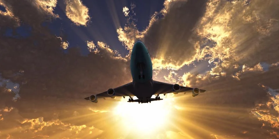 Airplane in sunset sky, 3d rendering Illustrazione stock