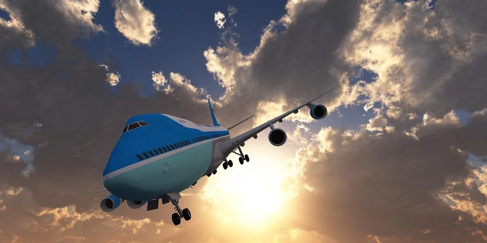 Airplane in sunset sky, 3d rendering Stock Illustration