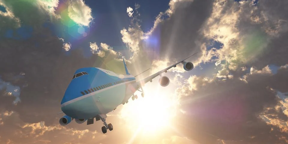 Airplane in sunset sky, 3d rendering Illustrazione stock