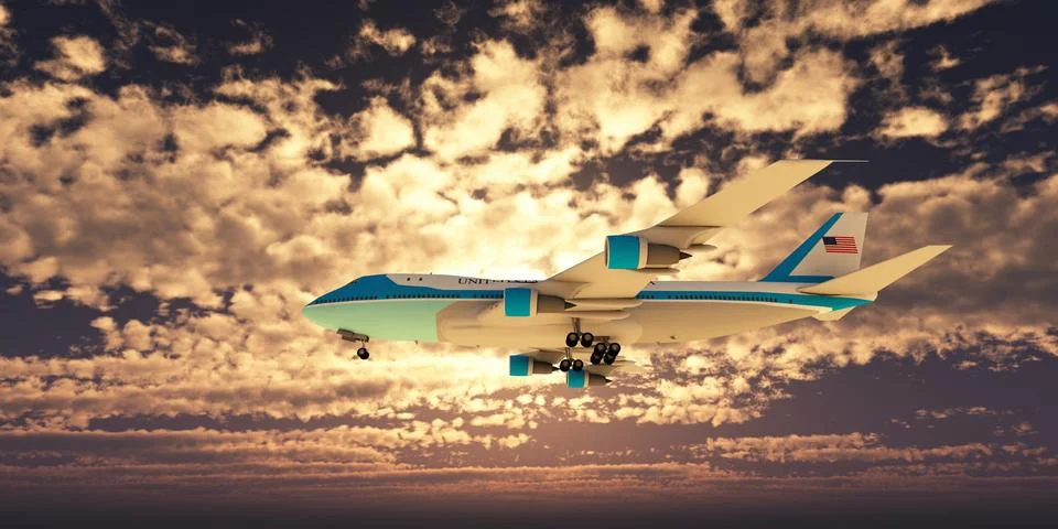 Airplane in sunset sky, 3d rendering 스톡 일러스트