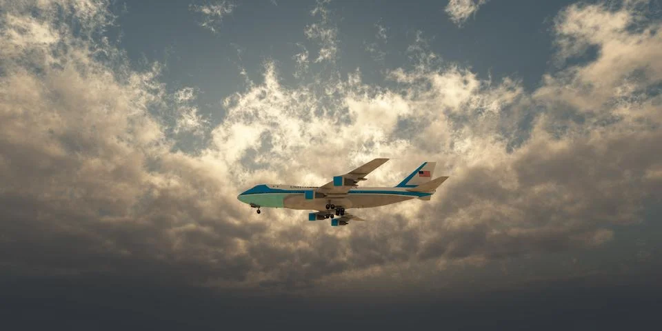 Airplane in sunset sky, 3d rendering Illustrazione stock