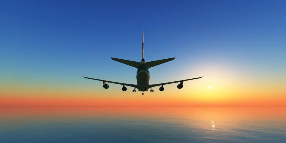 Airplane in sunset sky, 3d rendering Stock Illustration